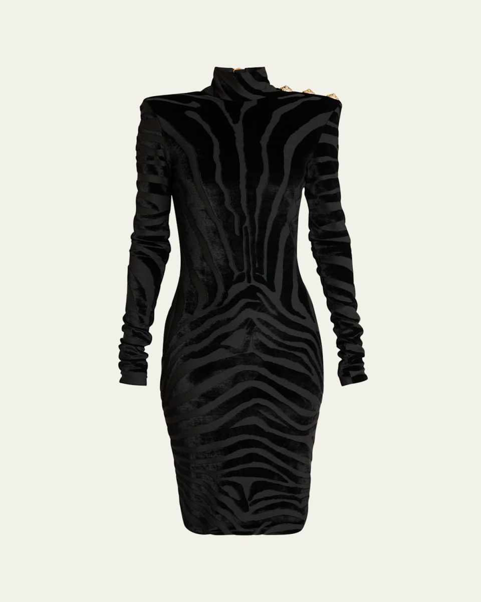 Zebra Velvet Strong-Shoulder Long-Sleeve Dress